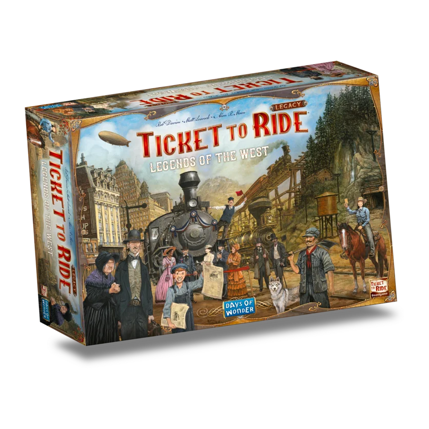 Voorkant van de gesloten doos van Ticket to Ride Legacy: Legends of the West
