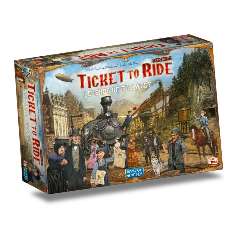 Voorkant van de gesloten doos van Ticket to Ride Legacy: Legends of the West